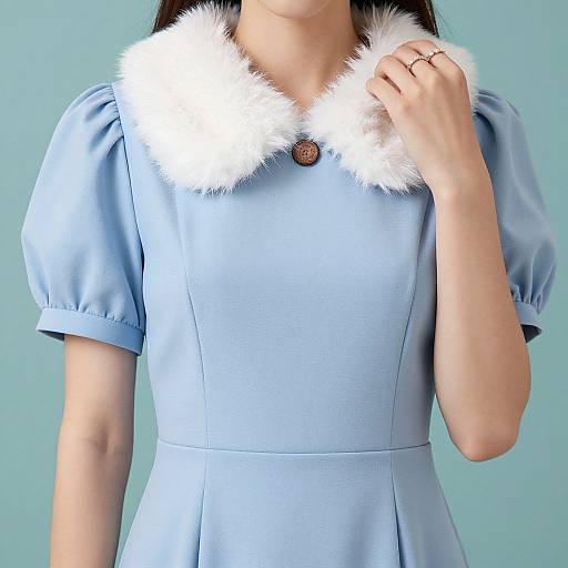 Photograph of an Asian woman in a light blue dress with a white fur collar, brown button, and short puffed sleeves, against a teal background
