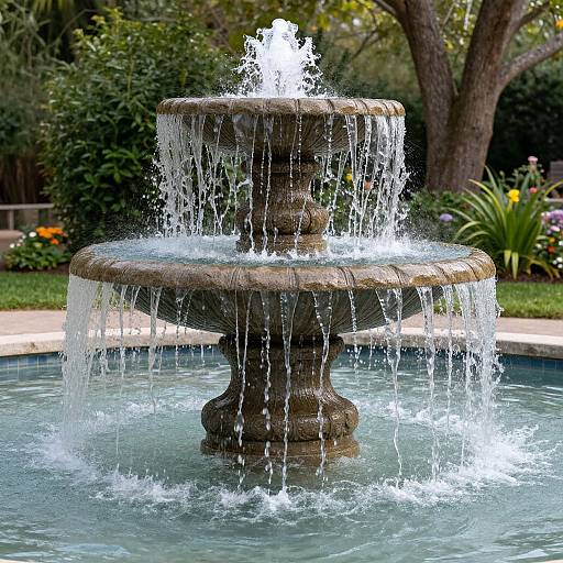 Photograph of a classic stone fountain with cascading water, set in a lush garden with greenery and colorful flowers.