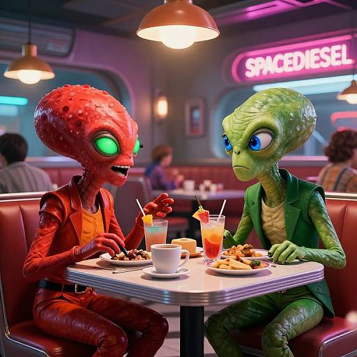 Retro-Futuristic Alien Diner Encounter