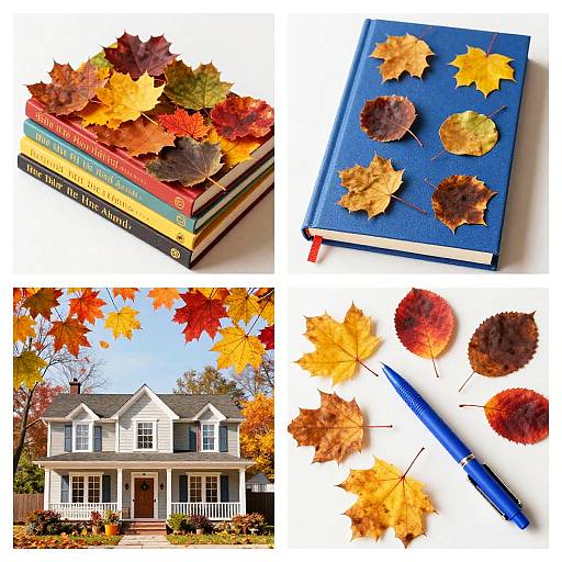 Photograph collage: stacked autumn books with leaves, blue notebook with scattered leaves, blue pen, and suburban house with colorful fall foliage.