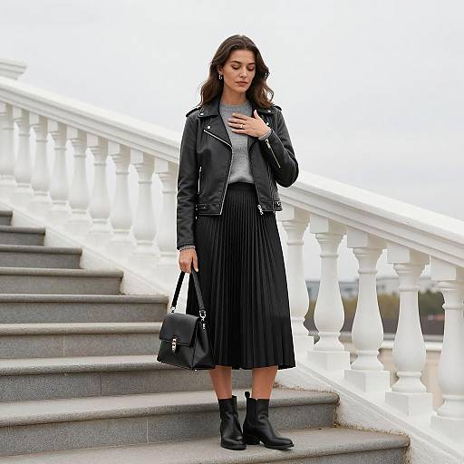 Woman in Black Leather Jacket on Outdoor Steps
