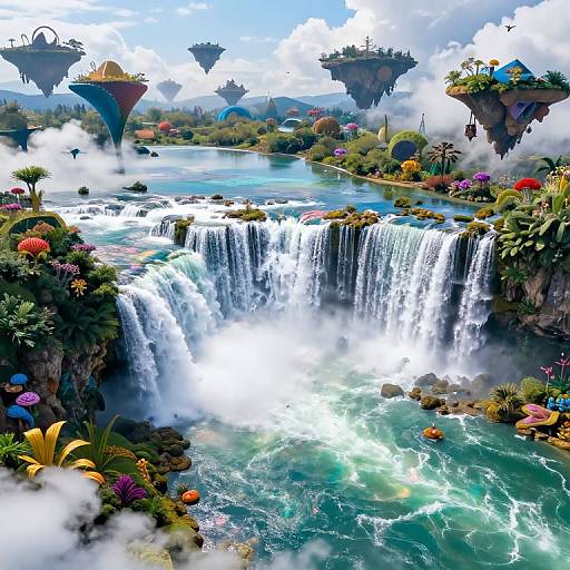 Fantasy landscape with vibrant, cascading waterfalls, floating islands, colorful flora, and whimsical architecture, set against a bright blue sky and fluffy