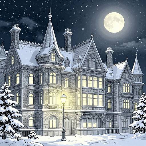 Digital illustration of a grand, snow-covered, Gothic-style mansion at night, illuminated by moonlight, with bright windows and snow-laden evergreen trees