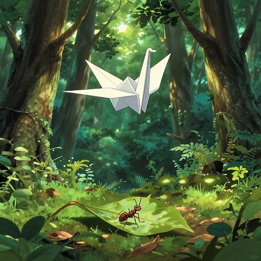 Digital illustration of a lush forest with tall trees, glowing sunlight, a white paper airplane flying, and a small red ant on a green leaf.