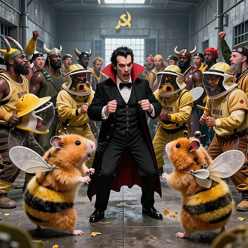 Photograph of a dramatic scene: a black-clad man in a red-collared shirt, surrounded by horned bee costumes and bee-costumed