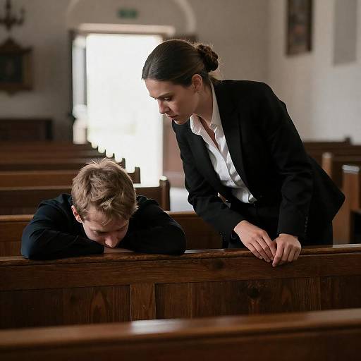 Concerned Woman in Dimly Lit Church