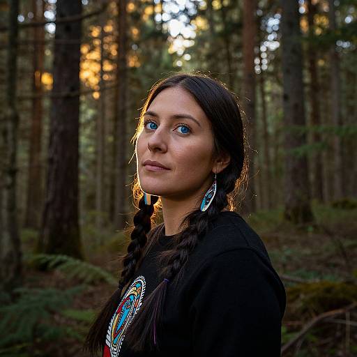 Photograph of a young woman with blue eyes, dark braided hair, wearing a black top with colorful embroidery, standing in a sunlit forest.
