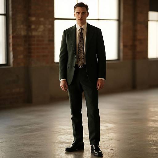 Photograph of a serious-looking man in a black suit, patterned tie, and black shoes standing in a dimly lit, brick-walled room