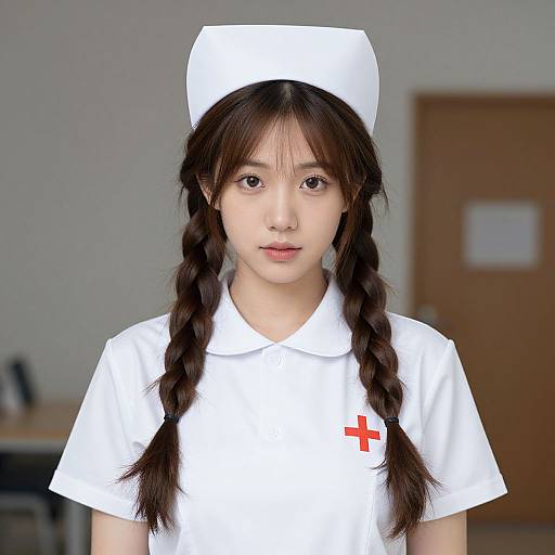 Photograph of an Asian young woman with long black braids, wearing a white nurse uniform and hat, red cross on chest, in a plain room