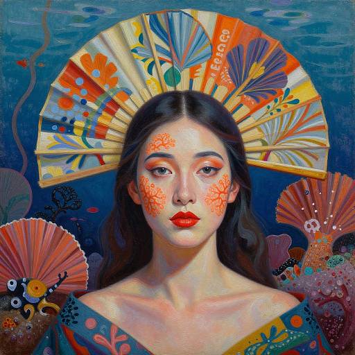Digital art of a serene Asian woman with red floral face paint, black hair, and a colorful fan headdress, surrounded by vibrant coral and fish.