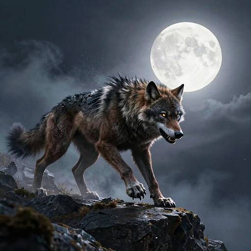 Photorealistic digital artwork of a snarling wolf with glowing yellow eyes, standing on a rocky cliff under a full moon.