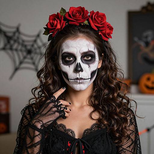 Photograph of a woman with white skull face paint, red rose crown, black lace dress, and spider web backdrop.