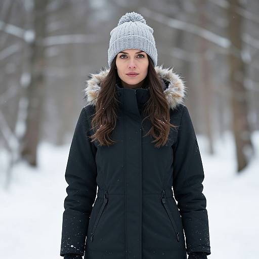 Photograph of a serious-looking woman with long dark hair, wearing a black winter coat, gray knit hat, and fur-trimmed hood, standing