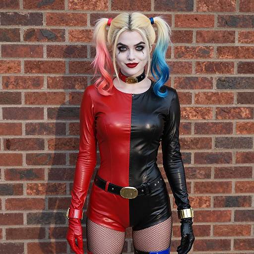 Harley Quinn Cosplay in Red and Black Latex Suit