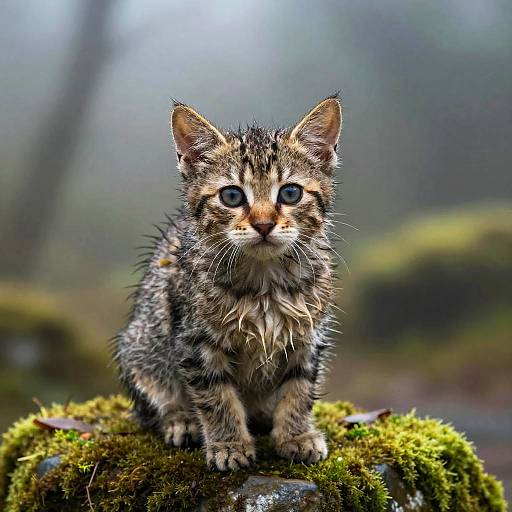 Photograph of a wet, gray tabby kitten with bright blue eyes, sitting on a moss-covered rock in a misty forest.