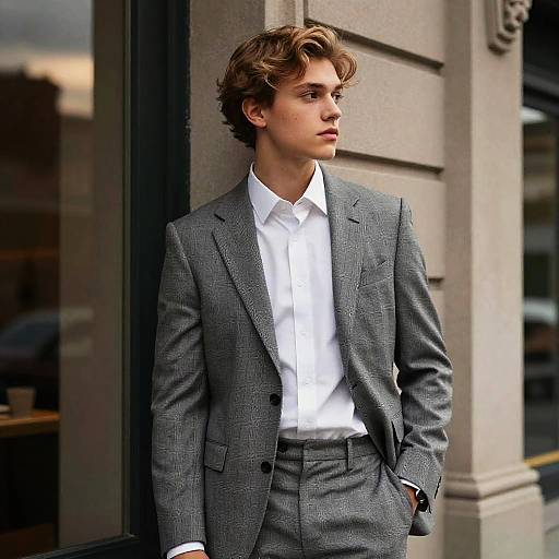 Photograph of a young, Caucasian man with wavy brown hair, wearing a grey checkered suit and white shirt, standing against a building's glass