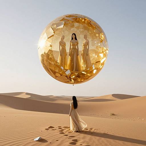 Photograph of a woman in a flowing white dress standing in a desert, holding a large, golden, reflective sphere with mirrored figures. Sunlit,