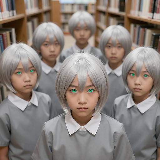 Silver-Haired Children in Enchanted Library