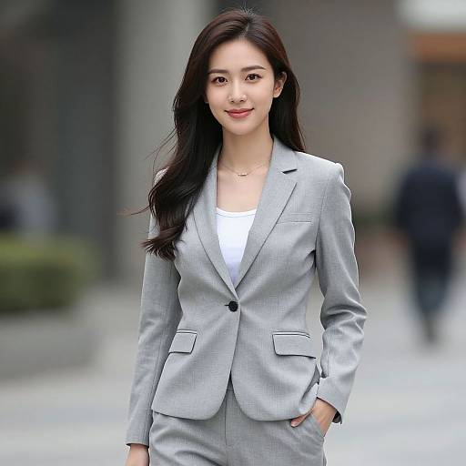 Photograph of an Asian woman with long black hair, wearing a light gray blazer over a white top, standing confidently outdoors.