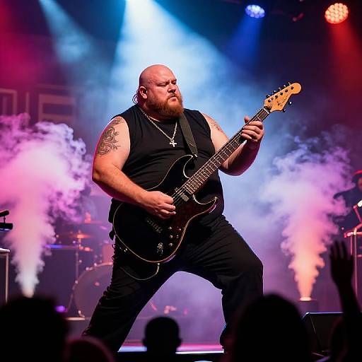 Photograph of a bald, bearded, tattooed male bassist in black sleeveless shirt and pants, playing electric bass on stage with colorful stage