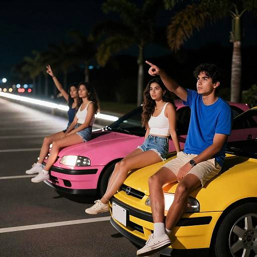 Vibrant Night Scene with Cars and Friends