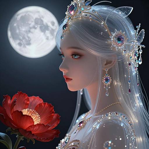 Fantasy Girl with Jewel-like Eyes and Moonlit Background