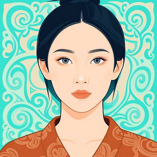 Digital illustration of an Asian woman with black hair in a bun, wearing an orange floral kimono, against a blue, swirling pattern background.