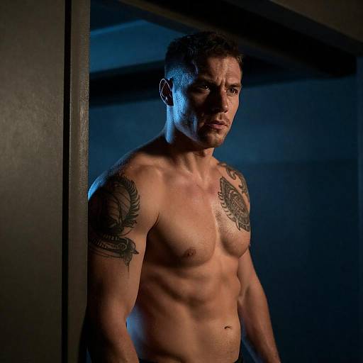 Muscular Man with Tattoos in Dim Light