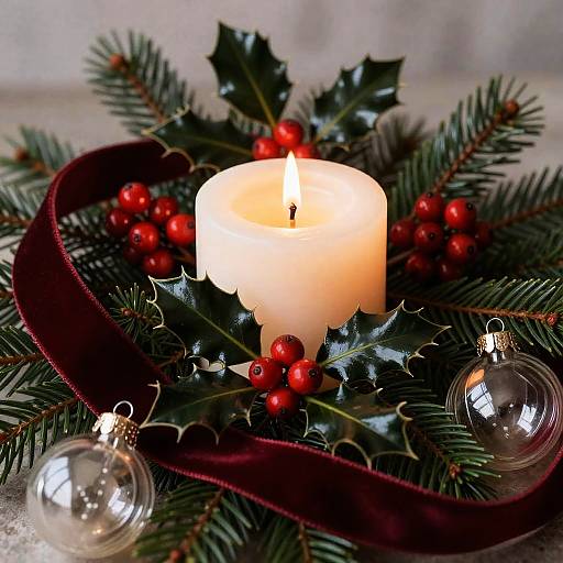 Candle with Holly, Velvet and Baubles