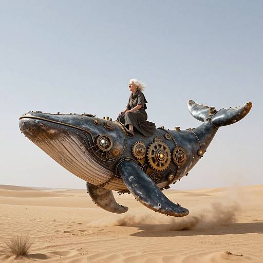Photorealistic CGI: White-haired woman in black dress rides mechanical blue whale with gears in desert under clear blue sky.