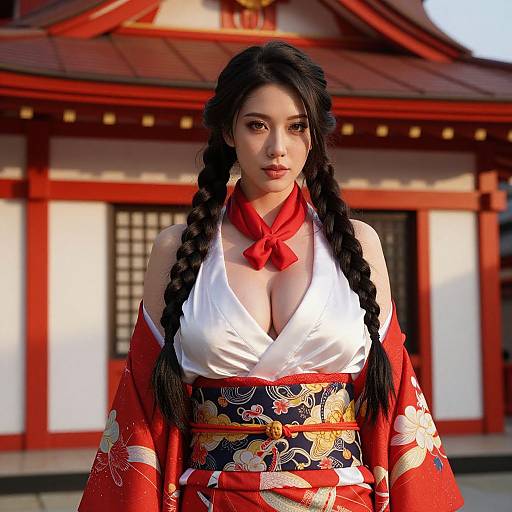 Digital art of an attractive Asian woman with long black braids, wearing a revealing white top, red kimono, and scarf, in front of a
