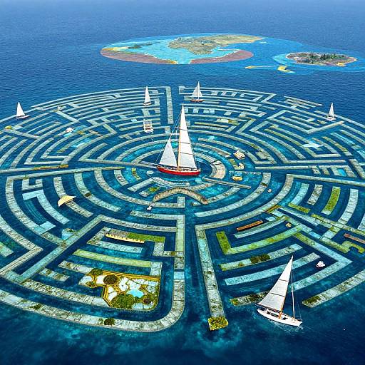 Aerial photograph of a large, circular, nautical-themed maze in the ocean, with several white sailboats navigating through, surrounded by clear blue water