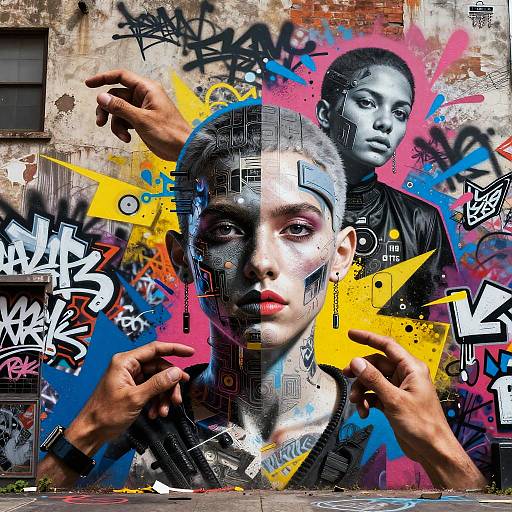 Photograph of vibrant graffiti mural featuring a digital composite of a serious black girl with short hair, overlaid with hands, against a colorful, abstract urban