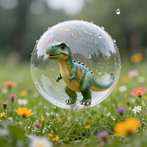 Photograph of a green, toy dinosaur inside a transparent bubble, floating above a colorful meadow with raindrops and flowers.