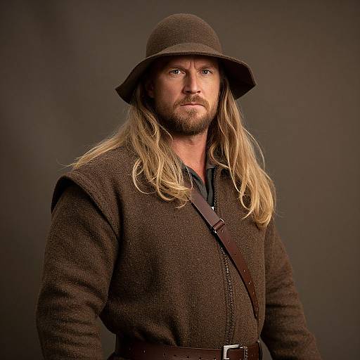 Photograph of a serious, bearded man with long blonde hair, wearing a brown felt hat and dark brown woolen tunic with a leather strap