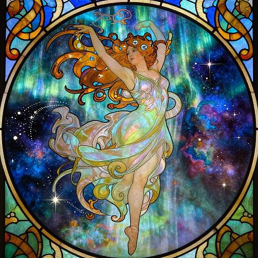 Stunning digital art of a dancing, ethereal red-haired woman in a glowing, flowing dress surrounded by vibrant auroras and stars, framed by a