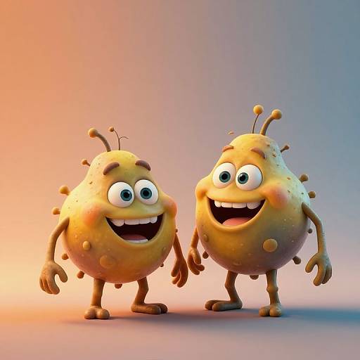 CGI image of two cheerful, anthropomorphic yellow-orange alien characters with antennae, big eyes, and smiles, standing against a gradient orange-blue background