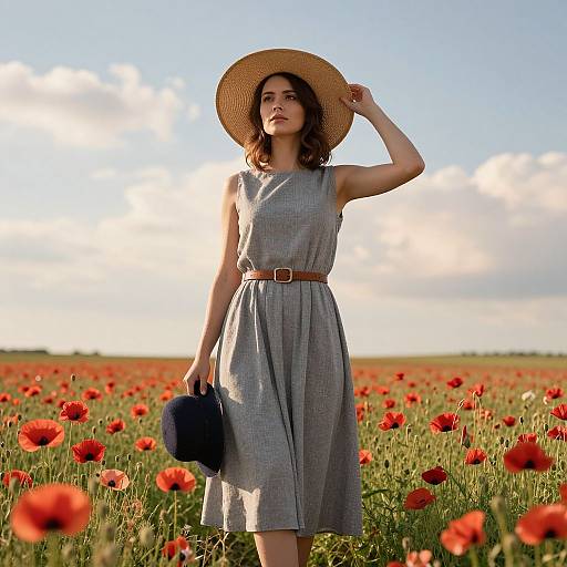 Photograph of a woman in a gray dress and straw hat, standing in a vibrant red poppy field under a bright blue sky with clouds. She