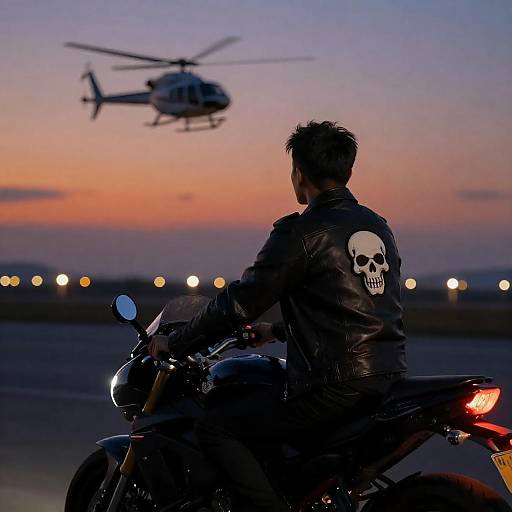 Man on Motorcycle at Dusk with Helicopter