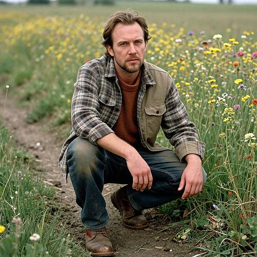 Photograph of a rugged, bearded man with brown hair, wearing a plaid shirt and jeans, crouching in a vibrant wildflower me