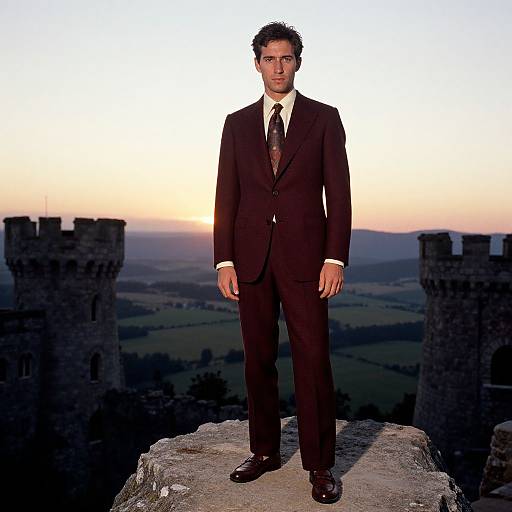 Man in Burgundy Wool Suit at Sunset