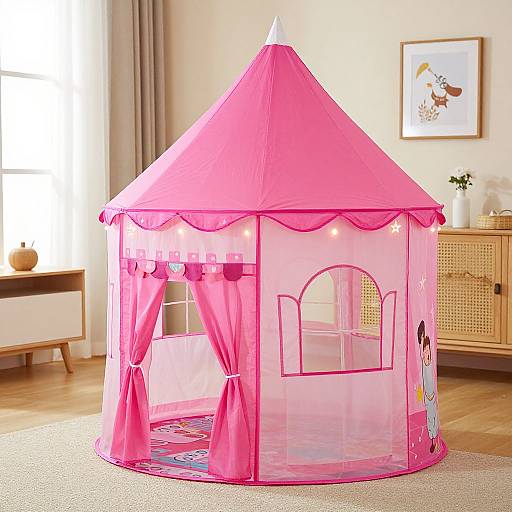 Photograph of a pink, tent-style children's playhouse with transparent sides, star patterns, and a peaked roof in a bright, sunlit room