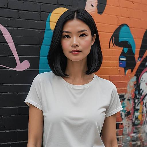 Young Asian woman with black bob hairstyle in white t-shirt