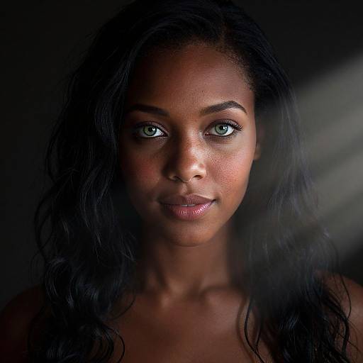 Photograph of a beautiful dark-skinned woman with striking green eyes, long black wavy hair, and a subtle smile, illuminated by soft, angled