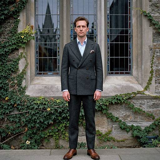 Photograph of a serious, dark-haired man in a black tweed suit, white shirt, brown shoes, standing in front of ivy-covered stone