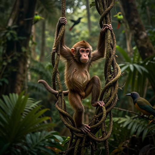 Photograph of a small brown monkey with a pink face, clinging to a twisted vine in a lush, green rainforest, with another bird in the