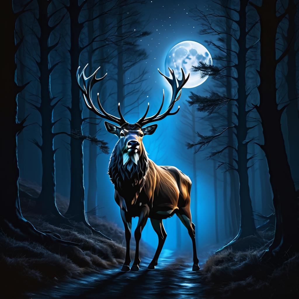 Eerie Night Stag in Full Moon