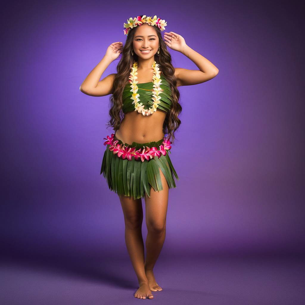 Shy Young Woman in Hula Festival Pose