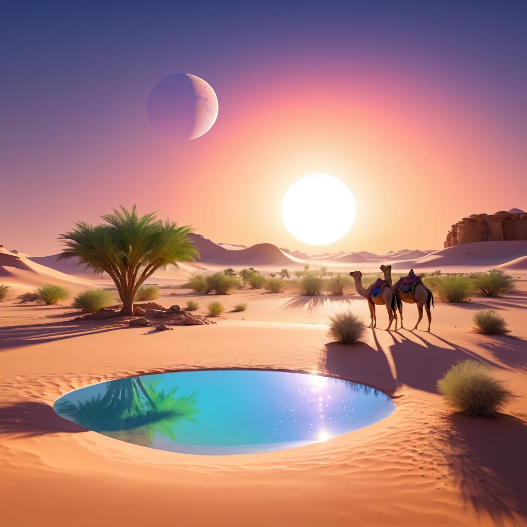 Vibrant Desert Oasis Under a Huge Moon