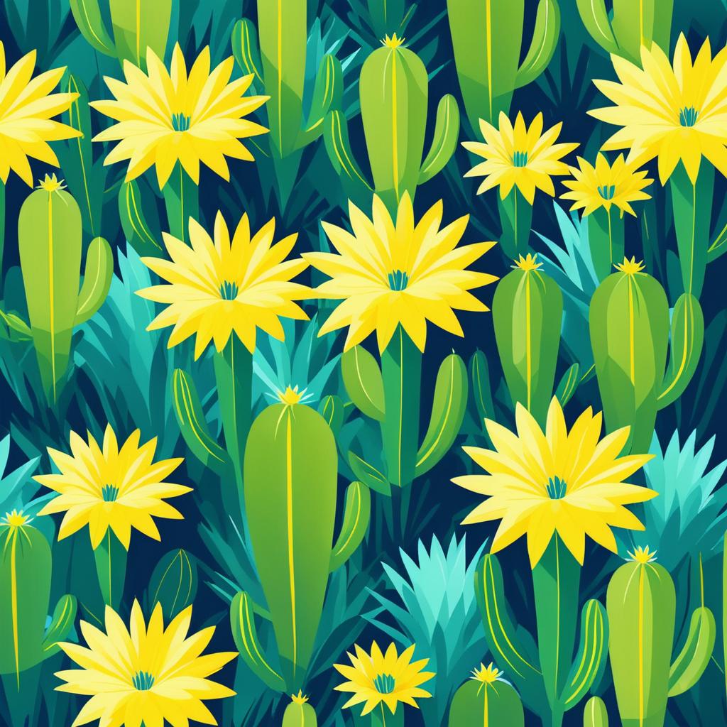 Vibrant Cactus Illustration with Blue Flower